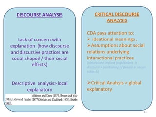 DISCOURSE ANALYSIS
Lack of concern with
explanation (how discourse
and discursive practices are
social shaped / their social
effects)
Descriptive analysis> local
explanatory
CRITICAL DISCOURSE
ANALYSIS
CDA pays attention to:
 ideational meanings ,
Assumptions about social
relations underlying
interactional practices
(naturalized implicit propositions in
discourse > positioning of people as social
subjects)
Critical Analysis > global
explanatory
11
 