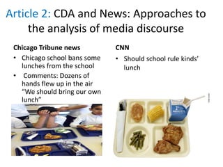 Article 2: CDA and News: Approaches to
the analysis of media discourse
Chicago Tribune news
• Chicago school bans some
lunches from the school
• Comments: Dozens of
hands flew up in the air
“We should bring our own
lunch”
CNN
• Should school rule kinds’
lunch
 