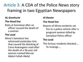 Article 3: A CDA of the Police News story
framing in two Egyptian Newspapers
AL-Gomhuria
The Head line
Riots at Samalout after an
officer caused the death of
a woman
The Lead
Minia’s Samalout has
witnessed yesterday riots
that caused the blocking of
Cairo-Aswangeen road after
the death of a 36-year old
woman named Mervat
Abdul-Fattah Abdul
Al-Dostor
The Head line
Dozens of Minia residents set
fire to a police vehicle after a
pregnant woman killed by
Samalout Police officer
The Lead
The furious residents blocked….
To revenge….
 