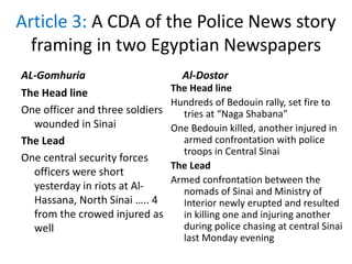 Article 3: A CDA of the Police News story
framing in two Egyptian Newspapers
AL-Gomhuria
The Head line
One officer and three soldiers
wounded in Sinai
The Lead
One central security forces
officers were short
yesterday in riots at Al-
Hassana, North Sinai ….. 4
from the crowed injured as
well
Al-Dostor
The Head line
Hundreds of Bedouin rally, set fire to
tries at “Naga Shabana”
One Bedouin killed, another injured in
armed confrontation with police
troops in Central Sinai
The Lead
Armed confrontation between the
nomads of Sinai and Ministry of
Interior newly erupted and resulted
in killing one and injuring another
during police chasing at central Sinai
last Monday evening
 