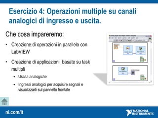 ni.com/it
Esercizio 4: Operazioni multiple su canali
analogici di ingresso e uscita.
Che cosa impareremo:
• Creazione di operazioni in parallelo con
LabVIEW
• Creazione di applicazioni basate su task
multipli
 Uscita analogiche
 Ingressi analogici per acquisire segnali e
visualizzarli sul pannello frontale
 