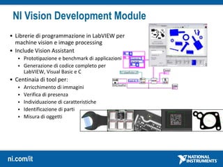 ni.com/it
NI Vision Development Module
• Librerie di programmazione in LabVIEW per
machine vision e image processing
• Include Vision Assistant
 Prototipazione e benchmark di applicazioni
 Generazione di codice completo per
LabVIEW, Visual Basic e C
• Centinaia di tool per:
 Arricchimento di immagini
 Verifica di presenza
 Individuazione di caratteristiche
 Identificazione di parti
 Misura di oggetti
 