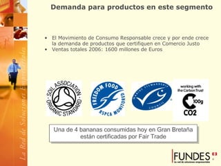 Demanda para productos en este segmento El Movimiento de Consumo Responsable crece y por ende crece la demanda de productos que certifiquen en Comercio Justo  Ventas totales 2006: 1600 millones de Euros Una de 4 bananas consumidas hoy en Gran Bretaña están certificadas por Fair Trade 
