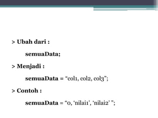 > Ubah dari :
semuaData;
> Menjadi :
semuaData = “col1, col2, col3”;
> Contoh :
semuaData = “0, ‘nilai1’, ‘nilai2’ ”;
 