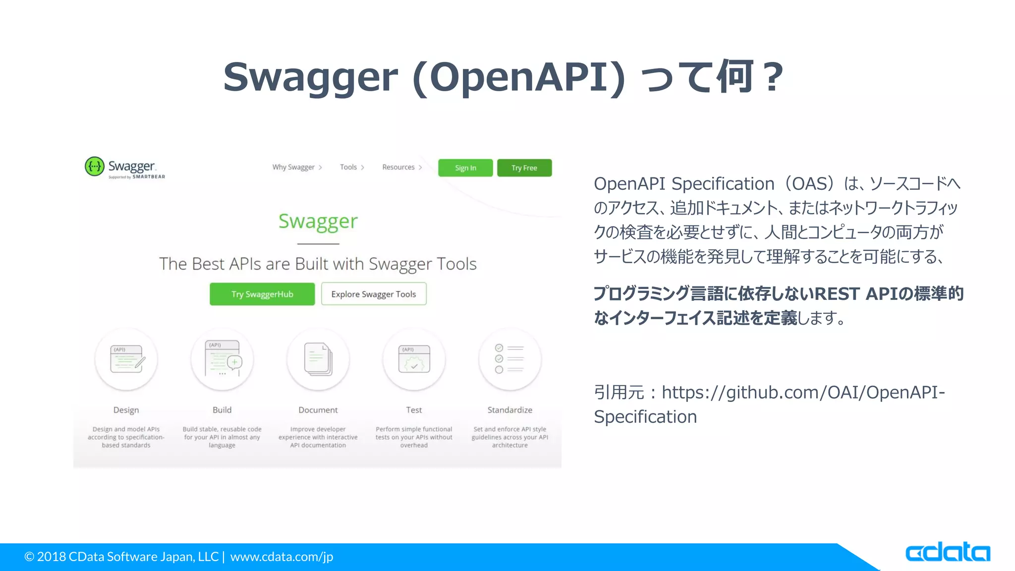 © 2018 CData Software Japan, LLC | www.cdata.com/jp
Swagger (OpenAPI) って何？
OpenAPI Specification（OAS）は、ソースコードへ
のアクセス、追加ドキュメント、またはネットワークトラフィッ
クの検査を必要とせずに、人間とコンピュータの両方が
サービスの機能を発見して理解することを可能にする、
プログラミング言語に依存しないREST APIの標準的
なインターフェイス記述を定義します。
引用元：https://github.com/OAI/OpenAPI-
Specification
 