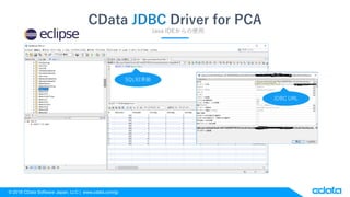 ? 2018 CData Software Japan, LLC | www.cdata.com/jp
CData JDBC Driver for PCA
Java IDEʹ
SQL92ʒ
JDBC URL
 