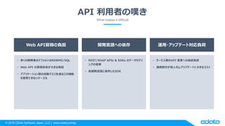 ? 2018 CData Software Japan, LLC | www.cdata.com/jp
? य_kߤΥǥեȤRDBMS/SQL
? Web API 夬󤭤ؓ
? ץꥱ`ȤԄӥɤʤɤΙC
ʹäǤʤ`
? REST/SOAP APIs & SDKs Υǩ`ǥ
󥰤β
? _kZ椷SDK
? `ӥȤAPI ؤ׷ؓ
? BЯ֤˻åץǩ`Ȥ˴󤭤ʥ
API ߤ·@
What makes it difficult
Web APIäؓ _kZؤ \?åץǩ`Ȍؓ
 