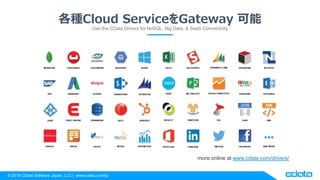 ? 2018 CData Software Japan, LLC | www.cdata.com/jp
NCloud ServiceGateway 
Use the CData Drivers for NoSQL, Big Data, & SaaS Connectivity
more online at www.cdata.com/drivers/
 