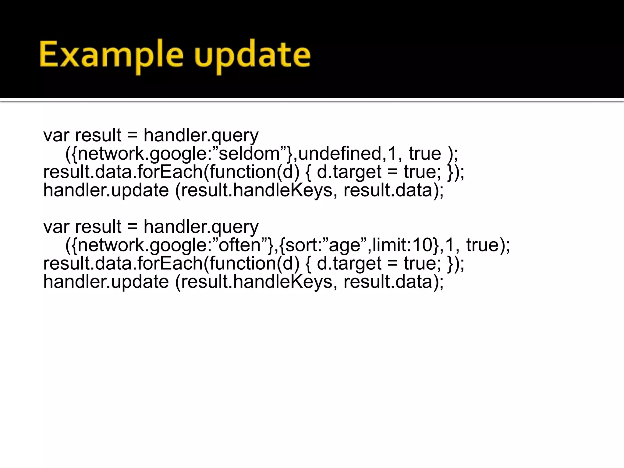 var result = handler.query
({network.google:”seldom”},undefined,1, true );
result.data.forEach(function(d) { d.target = true; });
handler.update (result.handleKeys, result.data);
var result = handler.query
({network.google:”often”},{sort:”age”,limit:10},1, true);
result.data.forEach(function(d) { d.target = true; });
handler.update (result.handleKeys, result.data);
 