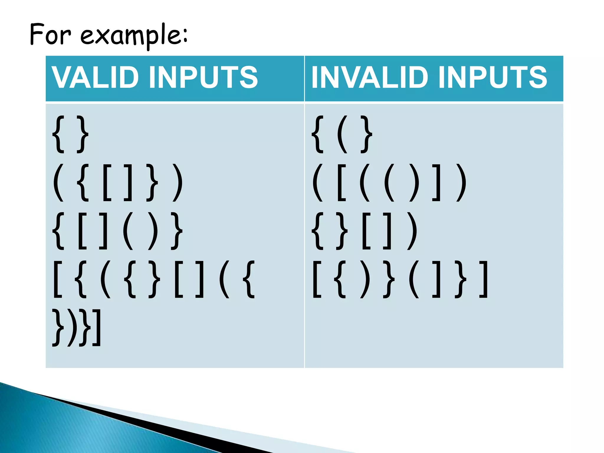 For example:
VALID INPUTS INVALID INPUTS
{ }
( { [ ] } )
{ [ ] ( ) }
[ { ( { } [ ] ( {
})}]
{ ( }
( [ ( ( ) ] )
{ } [ ] )
[ { ) } ( ] } ]
 