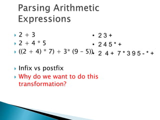  2 + 3
 2 + 4 * 5
 ((2 + 4) * 7) + 3* (9 – 5))
 Infix vs postfix
 Why do we want to do this
transformation?
• 2 3 +
• 2 4 5 * +
• 2 4 + 7 * 3 9 5 - * +
 