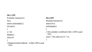 File 1: CPP
# include <iostream.h>
int x;
extern void display( );
int main( )
{
x = 10;
display( );
return 0;
}
//display function defined in file2. CPP is used
here
File 2.CPP
#include<iostream.h>
extern int x;
void display( )
{
// the variable x is defined in file 1. CPP is used
here.
cout<< “the value of x is” <<x;
}
 