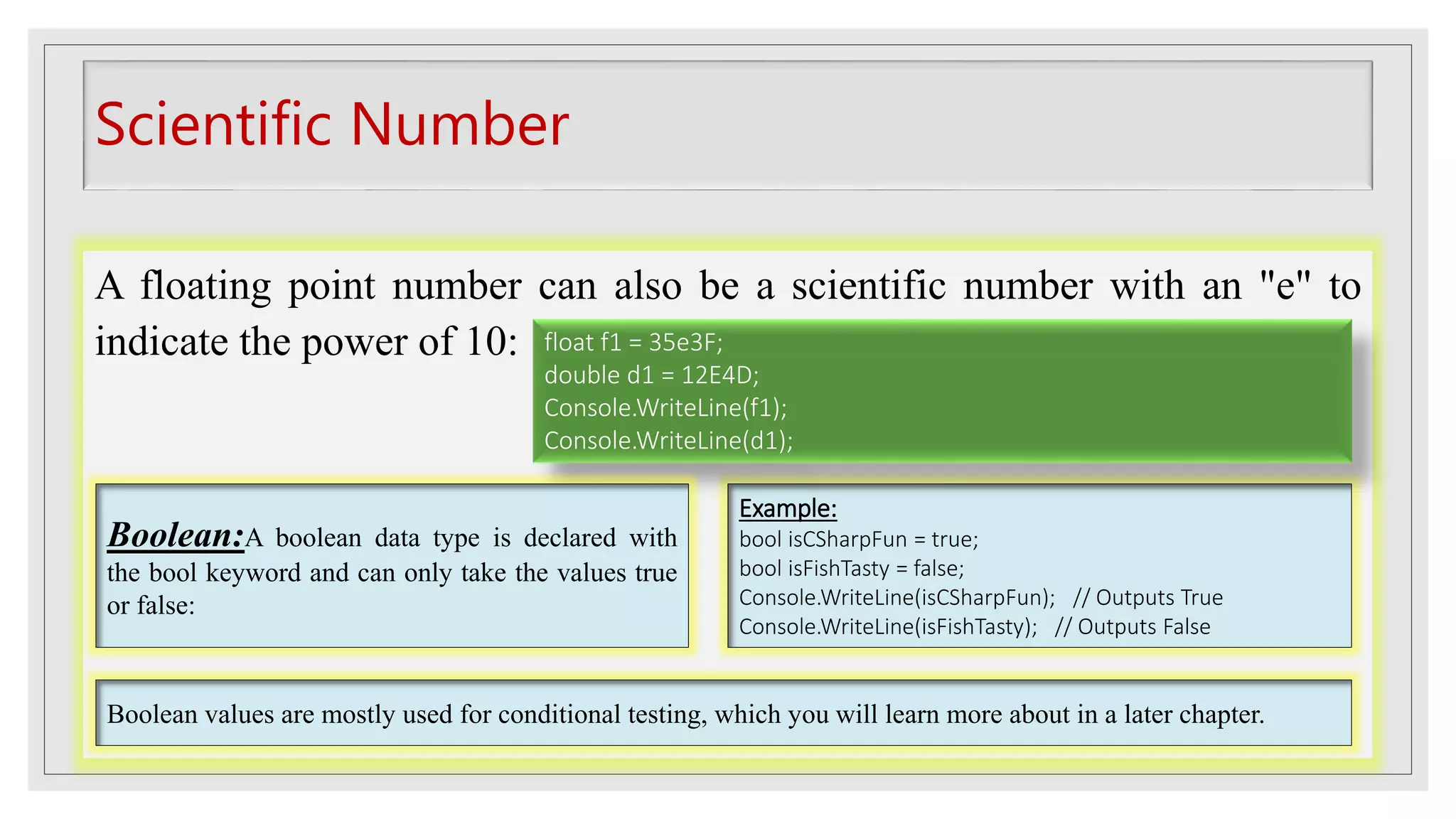 Scientific Number
A floating point number can also be a scientific number with an "e" to
indicate the power of 10:
Example:
bool isCSharpFun = true;
bool isFishTasty = false;
Console.WriteLine(isCSharpFun); // Outputs True
Console.WriteLine(isFishTasty); // Outputs False
float f1 = 35e3F;
double d1 = 12E4D;
Console.WriteLine(f1);
Console.WriteLine(d1);
Boolean:A boolean data type is declared with
the bool keyword and can only take the values true
or false:
Boolean values are mostly used for conditional testing, which you will learn more about in a later chapter.
 