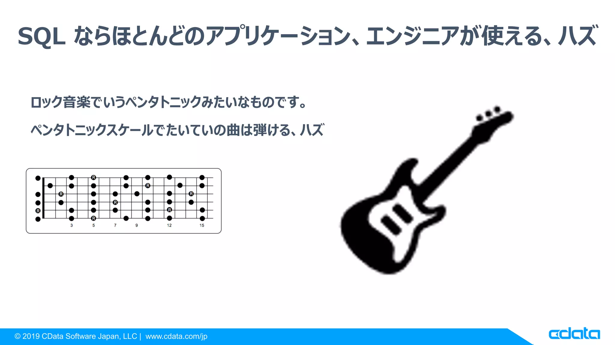 © 2019 CData Software Japan, LLC | www.cdata.com/jp
SQL ならほとんどのアプリケーション、エンジニアが使える、ハズ
ロック音楽でいうペンタトニックみたいなものです。
ペンタトニックスケールでたいていの曲は弾ける、ハズ
 