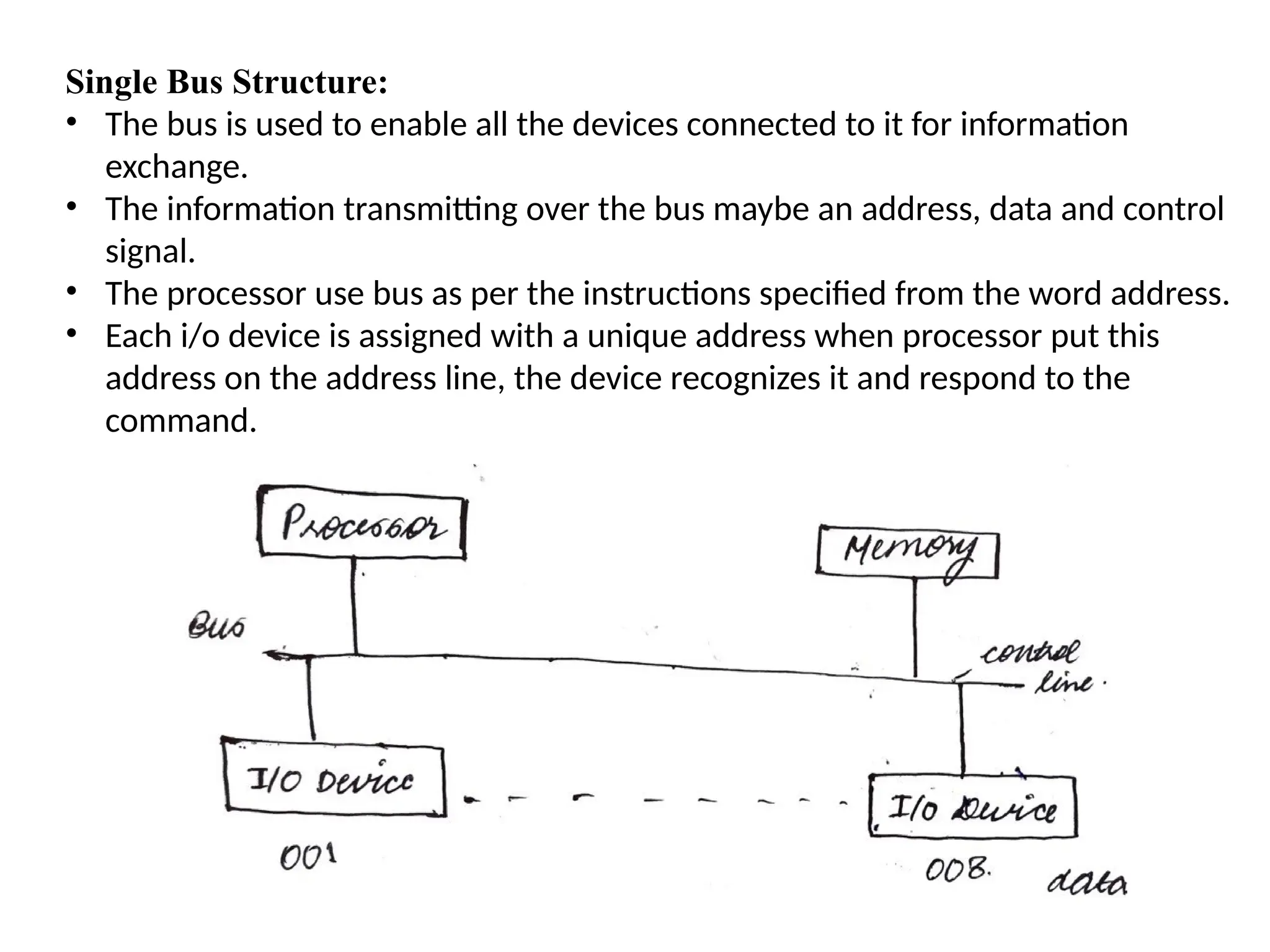 Single Bus Structure:
• The bus is used to enable all the devices connected to it for information
exchange.
• The information transmitting over the bus maybe an address, data and control
signal.
• The processor use bus as per the instructions specified from the word address.
• Each i/o device is assigned with a unique address when processor put this
address on the address line, the device recognizes it and respond to the
command.
 