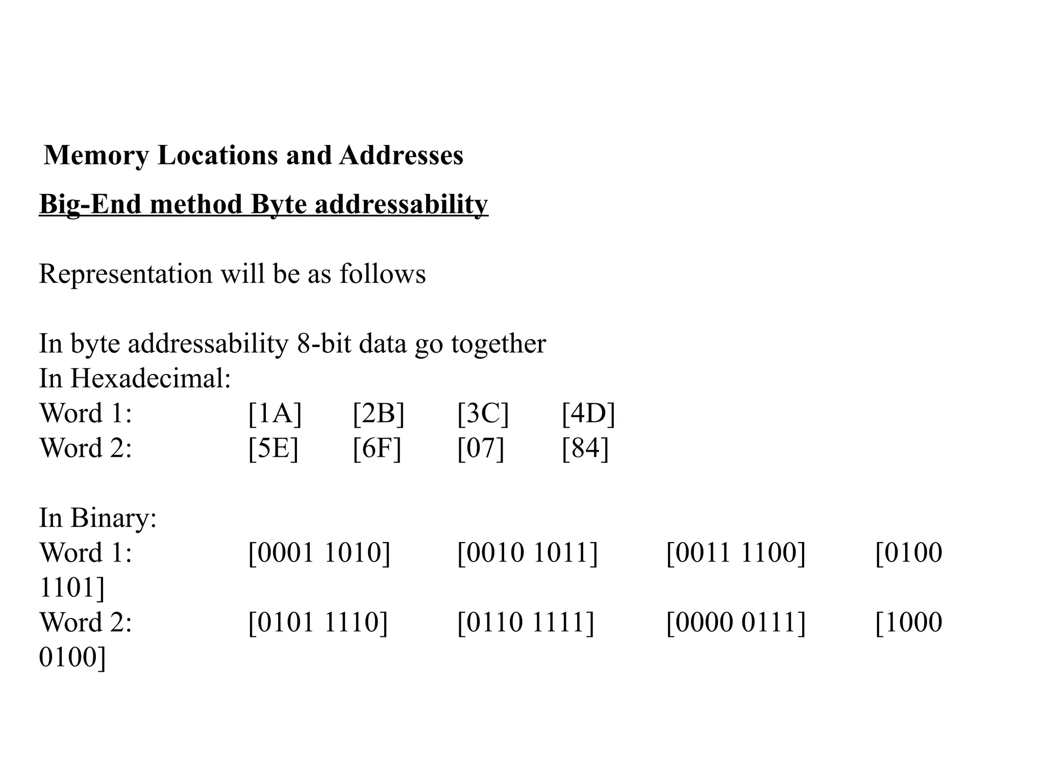 Memory Locations and Addresses
Big-End method Byte addressability
Representation will be as follows
In byte addressability 8-bit data go together
In Hexadecimal:
Word 1: [1A] [2B] [3C] [4D]
Word 2: [5E] [6F] [07] [84]
In Binary:
Word 1: [0001 1010] [0010 1011] [0011 1100] [0100
1101]
Word 2: [0101 1110] [0110 1111] [0000 0111] [1000
0100]
 