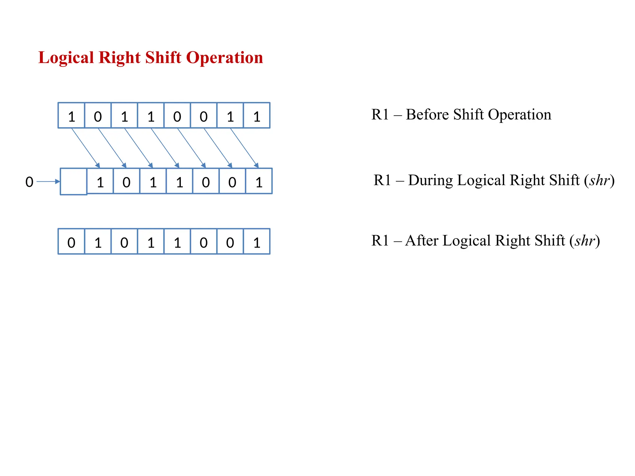 Logical Right Shift Operation
1 0 1 1 0 0 1 1 R1 – Before Shift Operation
1 0 1 1 0 0 1 R1 – During Logical Right Shift (shr)
0 1 0 1 1 0 0 1 R1 – After Logical Right Shift (shr)
0
 