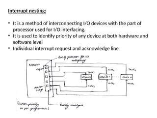 Interrupt nesting:
• It is a method of interconnecting I/O devices with the part of
processor used for I/O interfacing.
• It is used to identify priority of any device at both hardware and
software level
• Individual interrupt request and acknowledge line
 