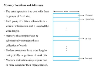 Memory Locations and Addresses
• The usual approach is to deal with them
in groups of fixed size.
• Each group of n bits is referred to as a
word of information, and n is called the
word length.
• memory of a computer can be
schematically represented as a
collection of words
• Modern computers have word lengths
that typically range from 16 to 64 bits.
• Machine instructions may require one
or more words for their representation.
 
