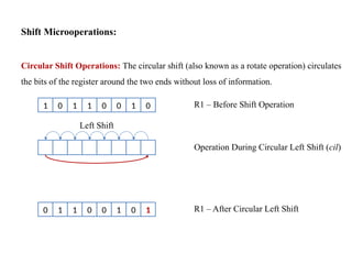 Shift Microoperations:
Circular Shift Operations: The circular shift (also known as a rotate operation) circulates
the bits of the register around the two ends without loss of information.
1 0 1 1 0 0 1 0 R1 – Before Shift Operation
Operation During Circular Left Shift (cil)
0 1 1 0 0 1 0 1 R1 – After Circular Left Shift
Left Shift
 