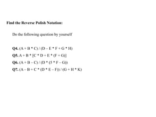 Find the Reverse Polish Notation:
Do the following question by yourself
Q4. (A + B * C) / (D – E * F + G * H)
Q5. A + B * [C * D + E * (F + G)]
Q6. (A + B – C) / (D * (5 * F – G))
Q7. (A – B + C * (D * E – F)) / (G + H * K)
 