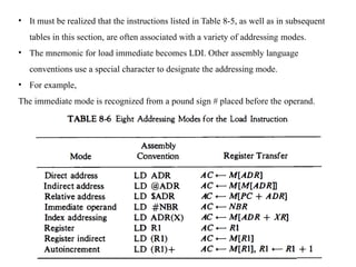 • It must be realized that the instructions listed in Table 8-5, as well as in subsequent
tables in this section, are often associated with a variety of addressing modes.
• The mnemonic for load immediate becomes LDI. Other assembly language
conventions use a special character to designate the addressing mode.
• For example,
The immediate mode is recognized from a pound sign # placed before the operand.
 