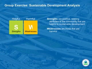 Group Exercise: Sustainable Development Analysis



    Helpful      Harmful     Strengths are positive, existing
                               attributes of the community that are
                               helpful to sustainable development
      S
    Strengths
                   W
                Weaknesses
                             Weaknesses are those that are
                              harmful
 