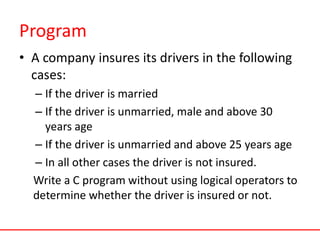Program
• A company insures its drivers in the following
cases:
– If the driver is married
– If the driver is unmarried, male and above 30
years age
– If the driver is unmarried and above 25 years age
– In all other cases the driver is not insured.
Write a C program without using logical operators to
determine whether the driver is insured or not.
 