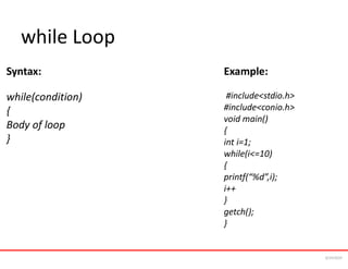 while Loop
Syntax:
while(condition)
{
Body of loop
}
Example:
#include<stdio.h>
#include<conio.h>
void main()
{
int i=1;
while(i<=10)
{
printf(“%d”,i);
i++
}
getch();
}
6/24/2024
 