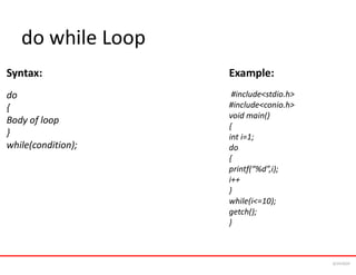 do while Loop
Syntax:
do
{
Body of loop
}
while(condition);
Example:
#include<stdio.h>
#include<conio.h>
void main()
{
int i=1;
do
{
printf(“%d”,i);
i++
}
while(i<=10);
getch();
}
6/24/2024
 