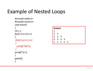 Example of Nested Loops
#include<stdio.h>
#include<conio.h>
void main()
{
int i, j;
for(i=1;i<=5;i++)
{
for(j=1;j<=i; j++)
{
printf(“%d”,i);
}
printf(“n”);
}
getch();
}
Output:
1
2 2
3 3 3
4 4 4 4
5 5 5 5 5
6/24/2024
 