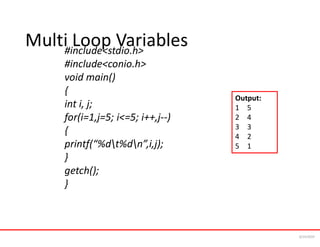 Multi Loop Variables
#include<stdio.h>
#include<conio.h>
void main()
{
int i, j;
for(i=1,j=5; i<=5; i++,j--)
{
printf(“%dt%dn”,i,j);
}
getch();
}
Output:
1 5
2 4
3 3
4 2
5 1
6/24/2024
 