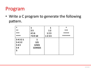 Program
• Write a C program to generate the following
pattern.
6/24/2024
*
***
*****
*******
1
1 2
1 2 3
1 2 3 4
1
2 3
4 5 6
7 8 9 10
*
**
***
****
1
121
12321
1234321
5 4 3 2 1
5 4 3 2
5 4 3
5 4
5
 