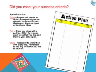 Did you meet your success criteria?
A plan for action:
Think – By yourself, create an
    action plan on what you are
    going to implement in your
    classroom. Make sure you
    write all your ideas

Pair – Share you ideas with a
    partner. If they have some
    great ideas that you like, add
    them to your action plan.

Share – Get ready to share them
   with every one. Remember
   to add any ideas that you like
   to your list.
 