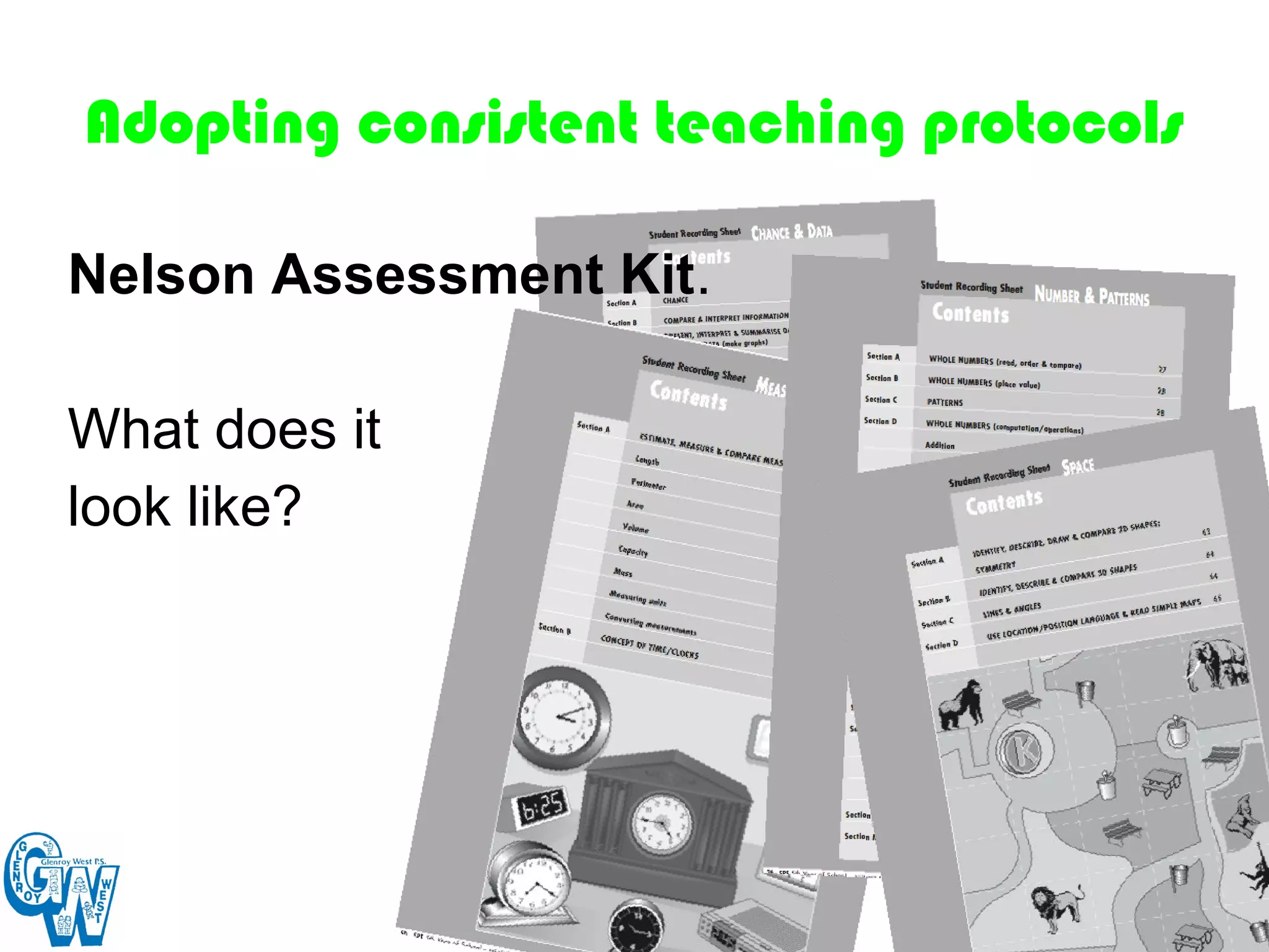 Adopting consistent teaching protocols

Nelson Assessment Kit.

What does it
look like?
 