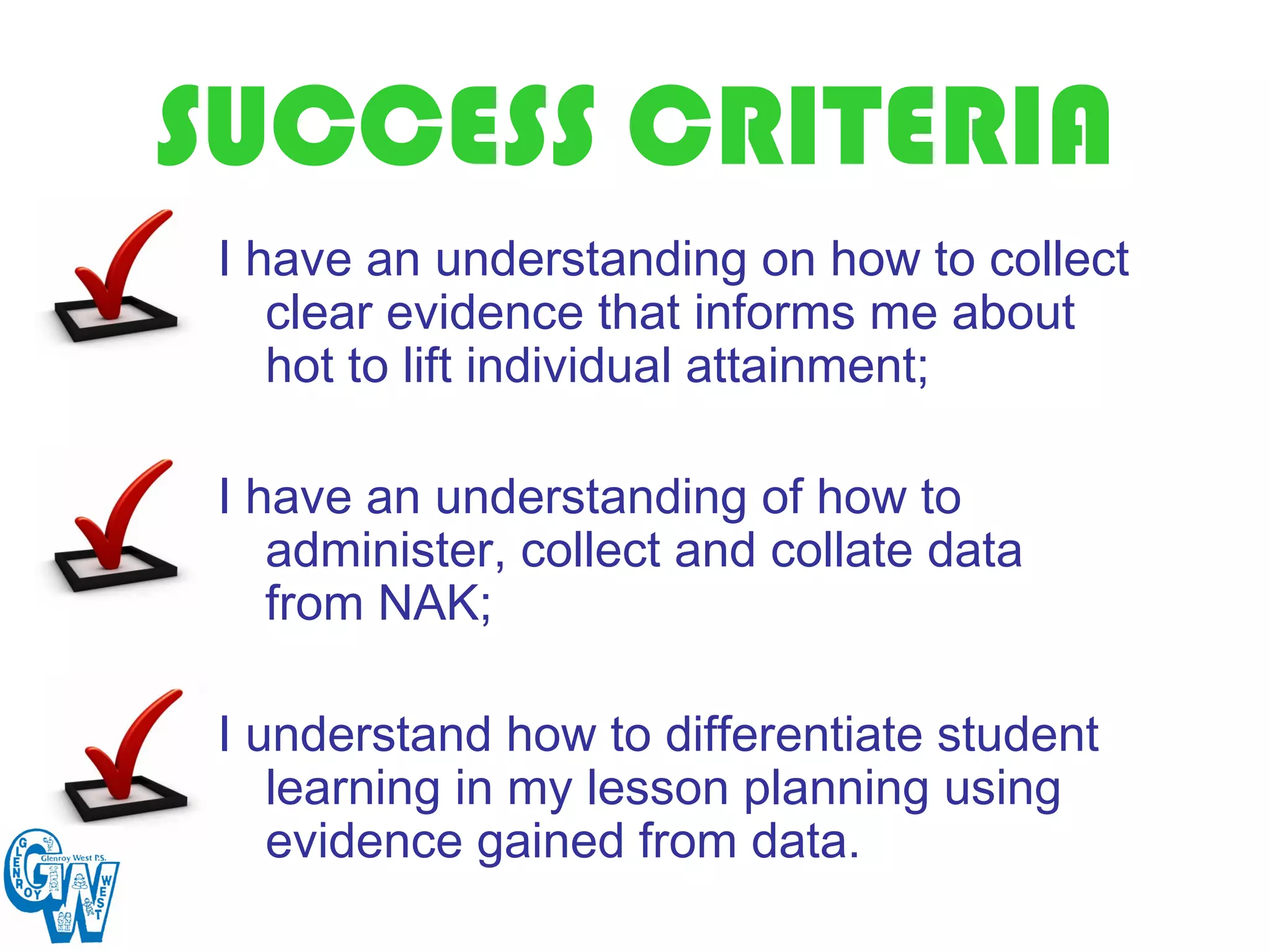 SUCCESS CRITERIA
 I have an understanding on how to collect
    clear evidence that informs me about
    hot to lift individual attainment;

 I have an understanding of how to
    administer, collect and collate data
    from NAK;

 I understand how to differentiate student
    learning in my lesson planning using
    evidence gained from data.
 