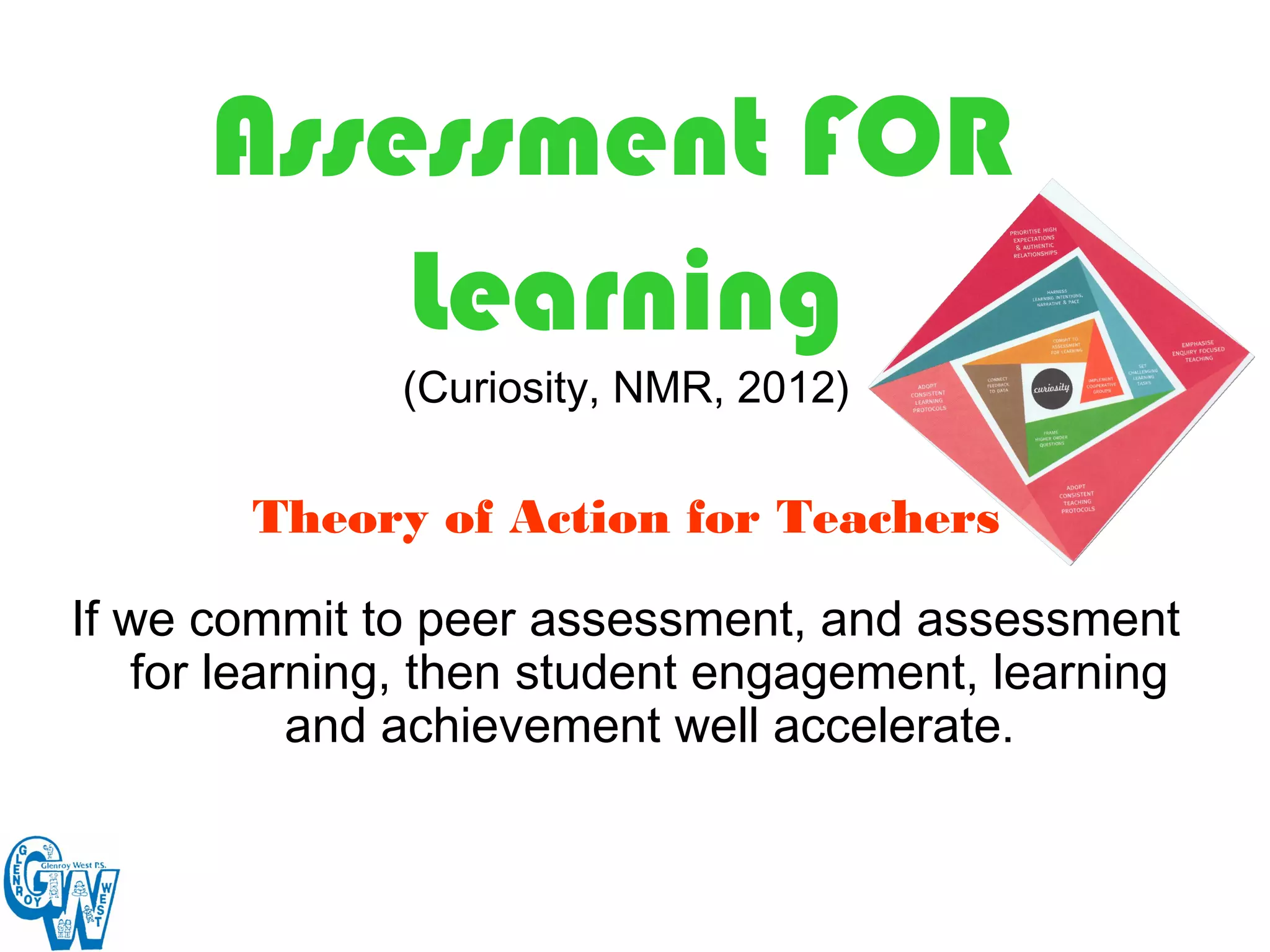Assessment FOR
          Learning
               (Curiosity, NMR, 2012)

        Theory of Action for Teachers

If we commit to peer assessment, and assessment
    for learning, then student engagement, learning
            and achievement well accelerate.
 