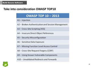 28
Build Secure Software
Take	
  into	
  consideration	
  OWASP	
  TOP10
 