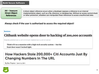 34
Build Secure Software
Always	
  check	
  if	
  the	
  user	
  is	
  authorized	
  to	
  access	
  the	
  required	
  object!
 