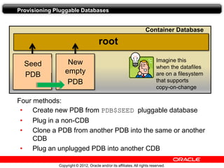 Copyright © 2012, Oracle and/or its affiliates.All rights reserved.
Provisioning Pluggable Databases
Seed
PDB
New
empty
PDB
Imagine this
when the datafiles
are on a filesystem
that supports
copy-on-change
root
Four methods:
• Create new PDB from PDB$SEED pluggable database
• Plug in a non-CDB
• Clone a PDB from another PDB into the same or another
CDB
• Plug an unplugged PDB into another CDB
Container Database
 