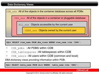 Copyright © 2012, Oracle and/or its affiliates.All rights reserved.
CDB_xxx All of the objects in the container database across all PDBs
USER_xxx Objects owned by the current user
ALL_xxx Objects accessible by the current user
DBA_xxx All of the objects in a container or pluggable database
Data Dictionary Views
• CDB_pdbs : All PDBS within CDB
• CDB_tablespaces : All tablespaces within CDB
• CDB_users : All users within CDB (common and local)
DBA dictionary views providing information within PDB:
SQL> SELECT view_name FROM dba_views WHERE view_name like 'CDB%';
SQL> SELECT table_name FROM dict WHERE table_name like 'DBA%';
 