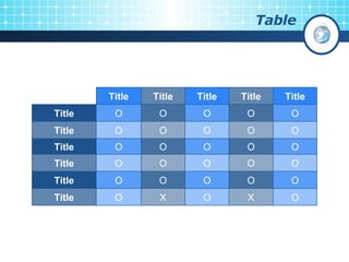 Table O O O O O Title O O O O O Title O X O X O Title O O O O O Title O O O O O Title O O O O O Title Title Title Title Title Title 