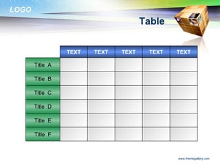 Table Title  D Title  C Title  F Title  E Title  B Title  A TEXT TEXT TEXT TEXT TEXT 