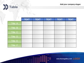 Table Title  D Title  C Title  F Title  E Title  B Title  A TEXT TEXT TEXT TEXT TEXT 