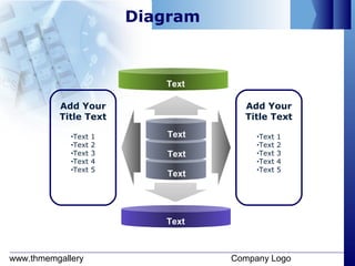 www.thmemgallery Company Logo
Diagram
Text
Text
Text
Add Your
Title Text
•Text 1
•Text 2
•Text 3
•Text 4
•Text 5
Add Your
Title Text
•Text 1
•Text 2
•Text 3
•Text 4
•Text 5
Text
Text
 