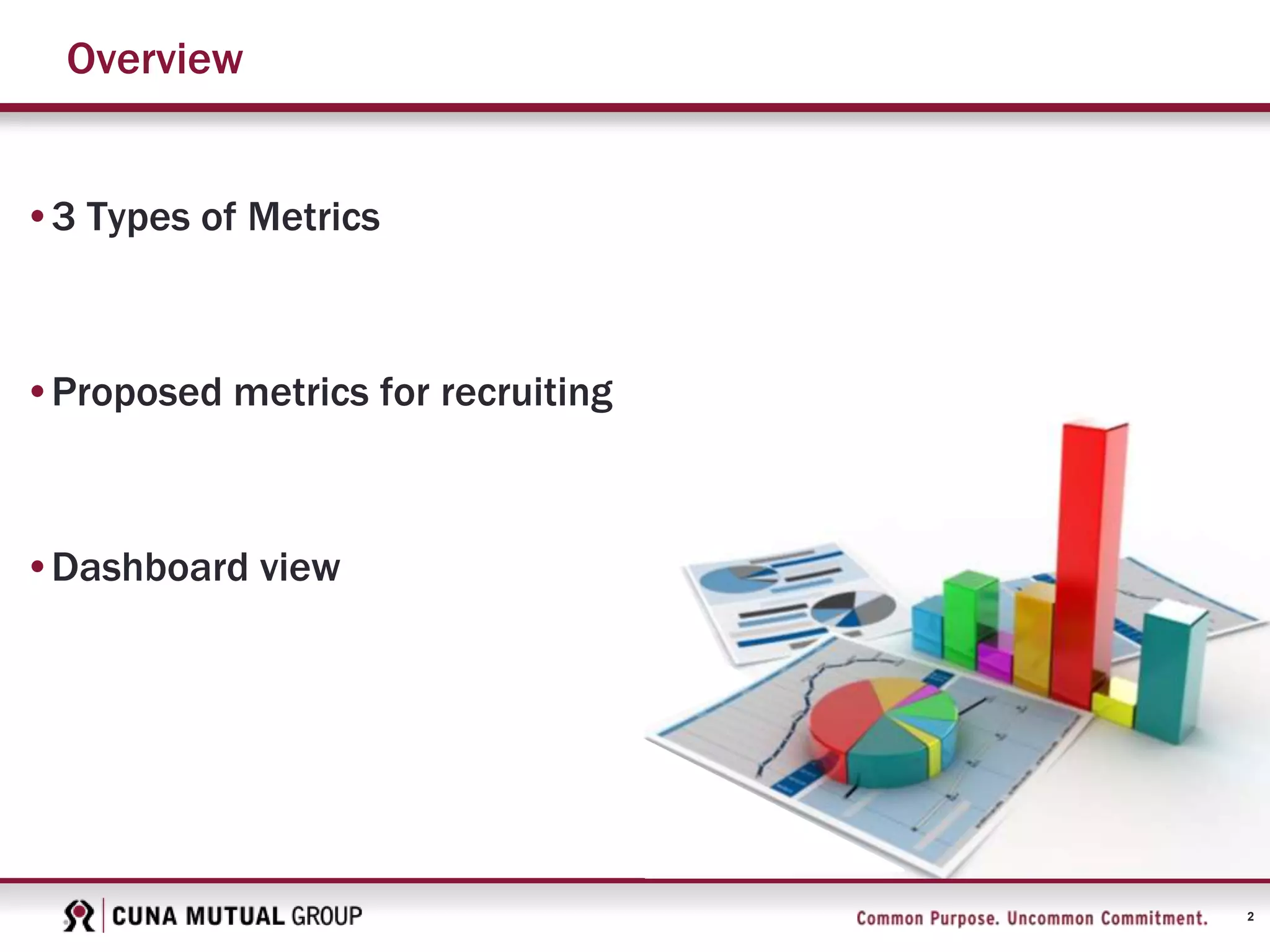 2
Overview
•3 Types of Metrics
•Proposed metrics for recruiting
•Dashboard view
 