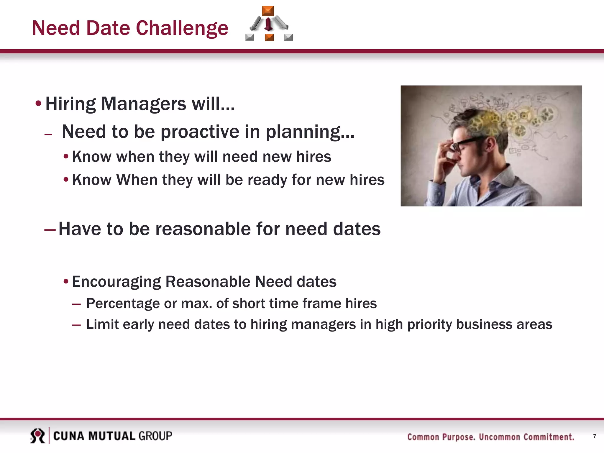 7
Need Date Challenge
•Hiring Managers will…
– Need to be proactive in planning...
•Know when they will need new hires
•Know When they will be ready for new hires
–Have to be reasonable for need dates
•Encouraging Reasonable Need dates
– Percentage or max. of short time frame hires
– Limit early need dates to hiring managers in high priority business areas
 