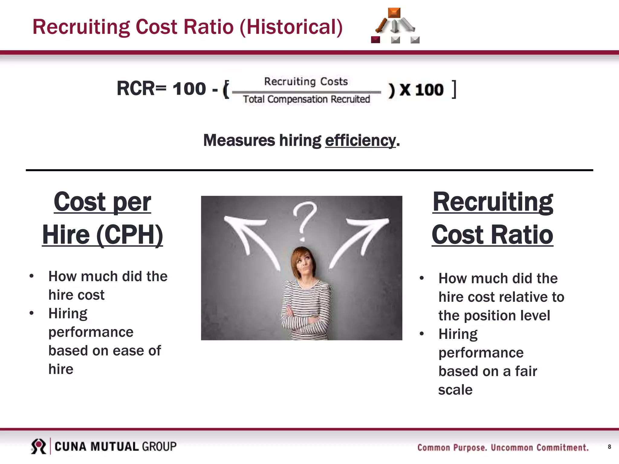 8
Recruiting Cost Ratio (Historical)
Measures hiring efficiency.
Cost per
Hire (CPH)
• How much did the
hire cost
• Hiring
performance
based on ease of
hire
Recruiting
Cost Ratio
• How much did the
hire cost relative to
the position level
• Hiring
performance
based on a fair
scale
RCR= 100 - [ ]
 