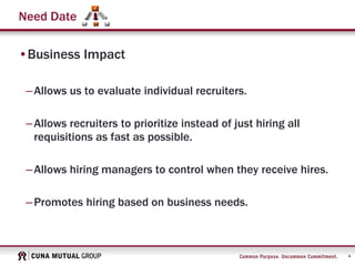 6
Need Date
•Business Impact
–Allows us to evaluate individual recruiters.
–Allows recruiters to prioritize instead of just hiring all
requisitions as fast as possible.
–Allows hiring managers to control when they receive hires.
–Promotes hiring based on business needs.
 