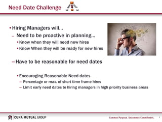 7
Need Date Challenge
•Hiring Managers will…
– Need to be proactive in planning...
•Know when they will need new hires
•Know When they will be ready for new hires
–Have to be reasonable for need dates
•Encouraging Reasonable Need dates
– Percentage or max. of short time frame hires
– Limit early need dates to hiring managers in high priority business areas
 